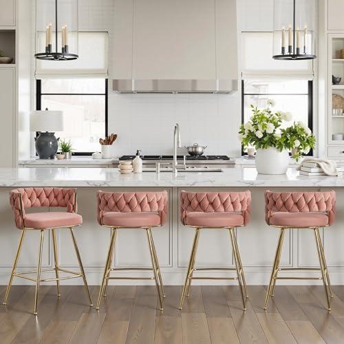 VECELO Bar Stools Set of 4 Counter Height Bar Stools 26 inch Seat Barstools with Woven Back and Footrest for Kitchen Island Counter Pink