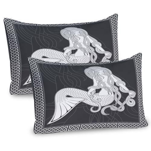 Ambesonne Mermaid Pillow Sham Set of 2, Retro Art Illustration of a Girl Brushing Hair and Border Celtic Patterns, Quality Microfiber Bedding Item for All Seasons, 36