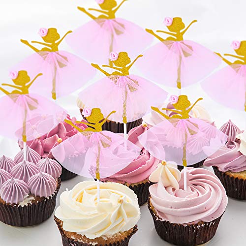 Laslu Cute Ballet Dancer Girls Fairy Peri Dessert Muffin Cupcake Toppers For Picnic Wedding Baby Shower Birthday Party Server(Gold And Pink） #TOP4