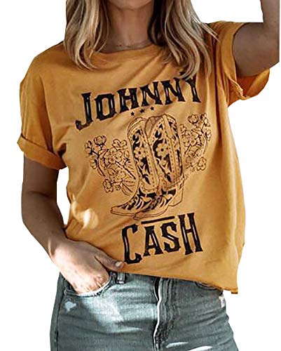 Johnny Cash Graphic T-Shirt Womens Vintage Letter Graphic T Shirt Country Music Party Blouse Short Sleeve Tees (Yellow, S)