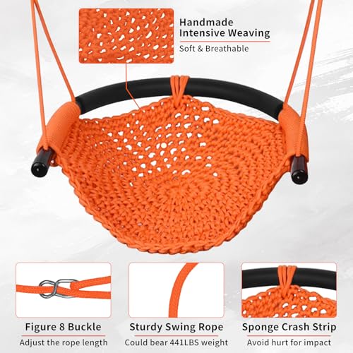 Image of Hi-Na Kids Swing for Swing Set, Heavy Duty Rope Swings with Snap Hooks and Straps, 440LBS Capacity, Toddler Swing Seat for Indoor Porch, Outdoor Playground, Tree, Orange
