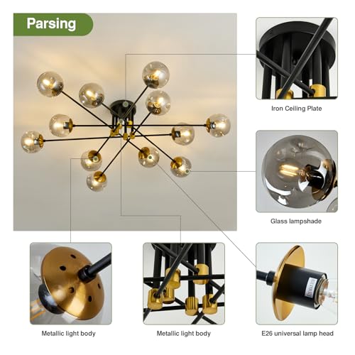 Image of 12 Light Glass Globe Ceiling Light Black Mid Century Flush Mount Sputnik Light Fixture Bubble Chandelier for Living Room Farmhouse Dining Room Kitchen Bedroom.