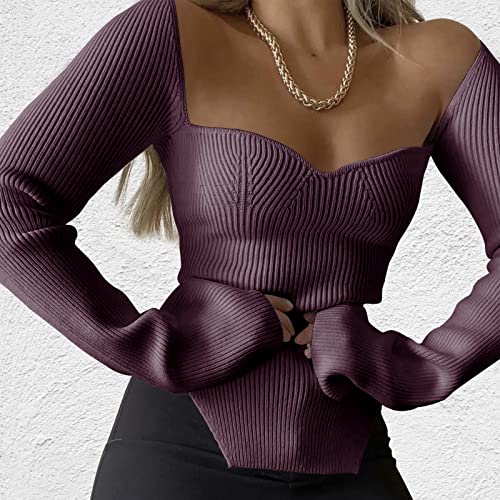 Image of Women's Square Neck Ribbed Knitted Sweater Long Sleeve Crop Slim Fitted Basic Pullover Tops