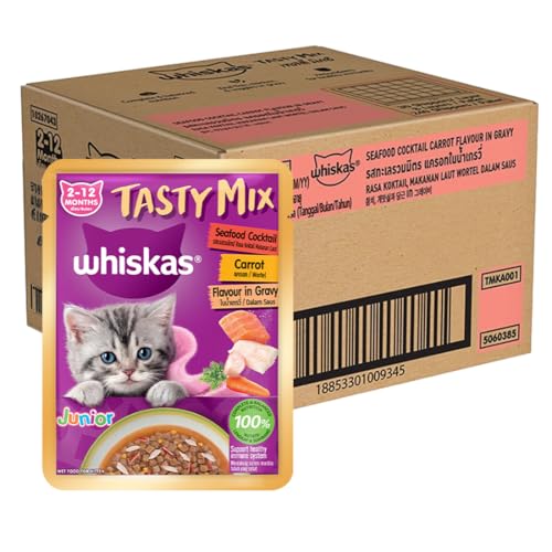 Image of Whiskas Tasty Mix Kitten (2-12 Months) Wet Cat Food, Seafood Cocktail Carrot Flavour in Gravy, 70 g x 28, 100% Complete & Balanced Nutrition for Kittens