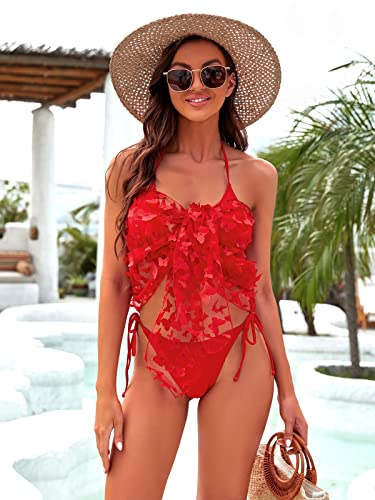 Blooming Jelly Womens 3 Piece Swimsuits Triangle Halter Thong Bikini Set Butterfly Bathing Suits Sarongs(X-Large, Red) - Image 2