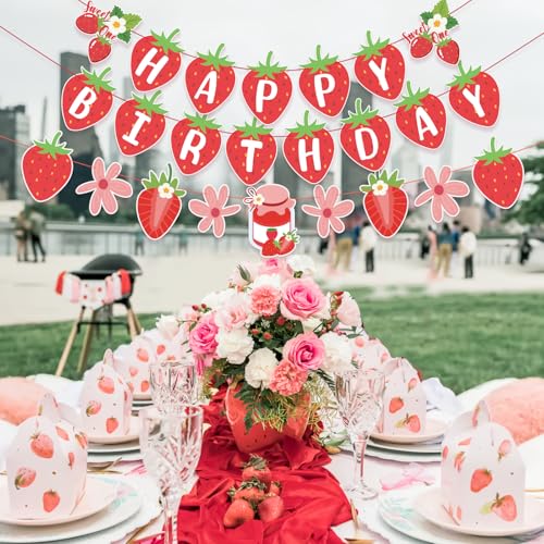 Image of SUNBEAUTY Strawberry Happy Birthday Banner, Berry Sweet Red Fruit Party Hanging Banner, Strawberry Birthday Decorations for Girls 1st Birthday Baby Shower Party Decoration | Pre-Strung