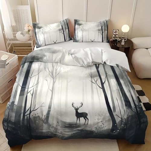 Parure de lit 140x200 cm Peint Abstrait ForêT Cerf Housse de Couette Garçon Fille Adulte Microfibre 3D Imprimé Gris Parure de Lit 1 Personnes, Décoration...