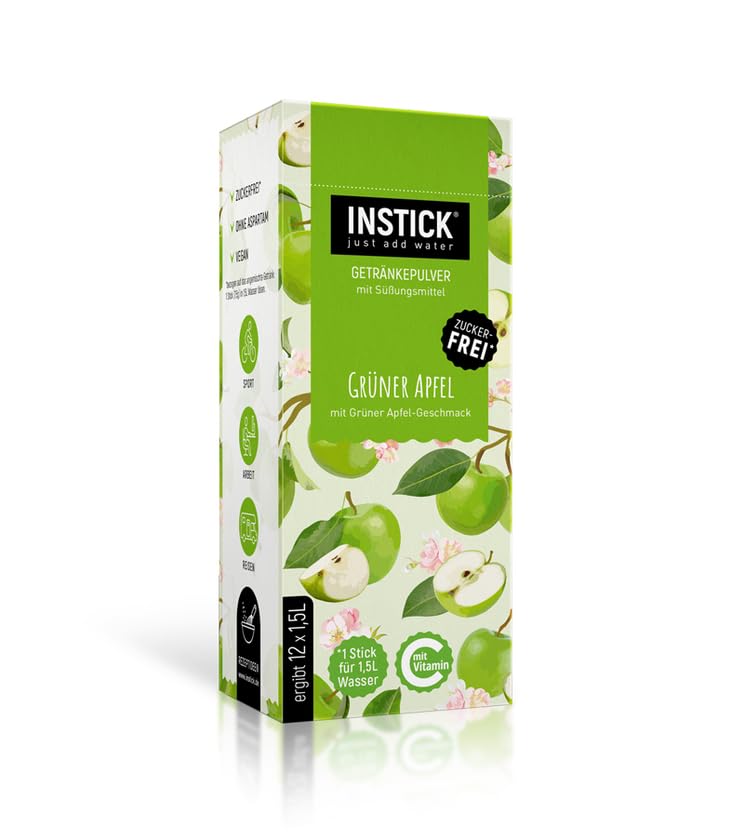 INSTICK (SABOR MANZANA VERDE) Bebida En Polvo Para Refrescos, Postres y Bebidas Calientes, Cero Azúcar, Cero Calorías, Aptos Diabéticos. Ideal Agua, leche, Postres (Para 1,5-2,5 litros de bebida)