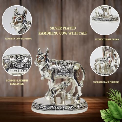 Image of Gold Art India Kamdhenu Cow and Calf Idol | Silver Finish Decorative Murti | 7.62 cm x 7.62 cm | Sacred Gau MATA Statue for Home Temple & Gift