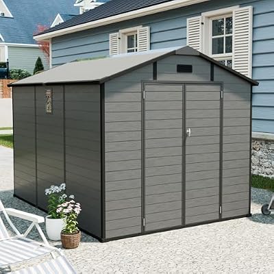 Plastic Storage Shed 8x10 FT, Resin Tool Shed with Lockable Doors, Window and Floor for Backyard Garden Patio, Dark Gray