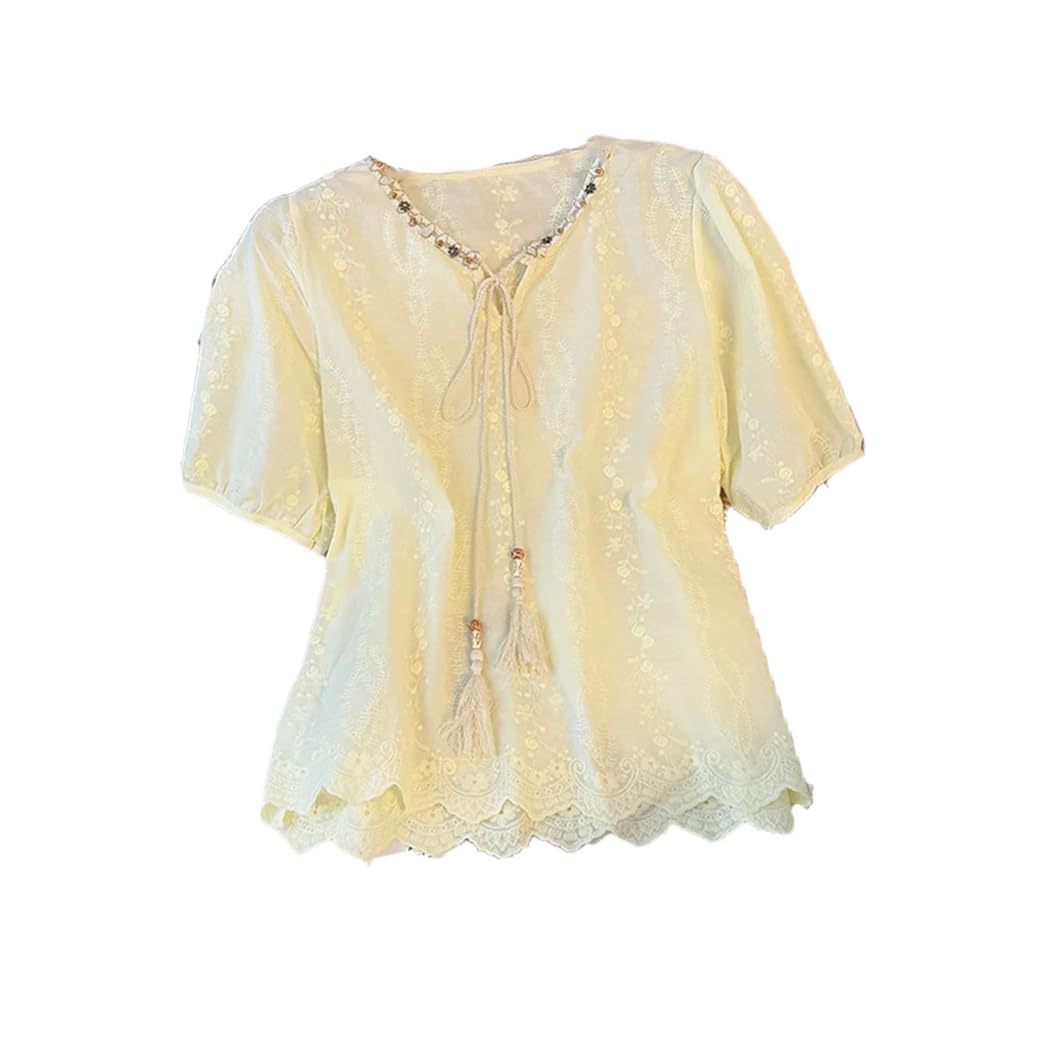 Camicetta da donna con ricamo vintage con nappa, con maniche a sbuffo e scollo a V, estiva, ampia e