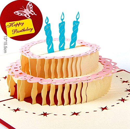3 Biglietti Di Auguri Pop-Up 3D A Forma Di Torta Di Compleanno | Con Buste E Adesivi | Fatto A Mano | Ideali Per Ogni Età