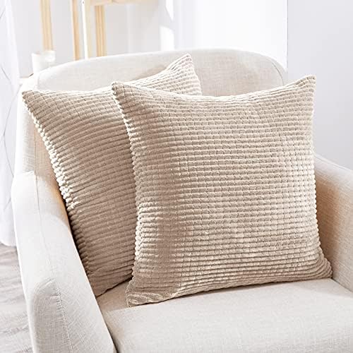 Deconovo Throw Pillow Covers Corduroy 18x18 Inch Cream Stripe Pattern Square Soft Cushion Covers for Couch Bedroom Sofa Living Room Bed Chair Solid Pack of 2