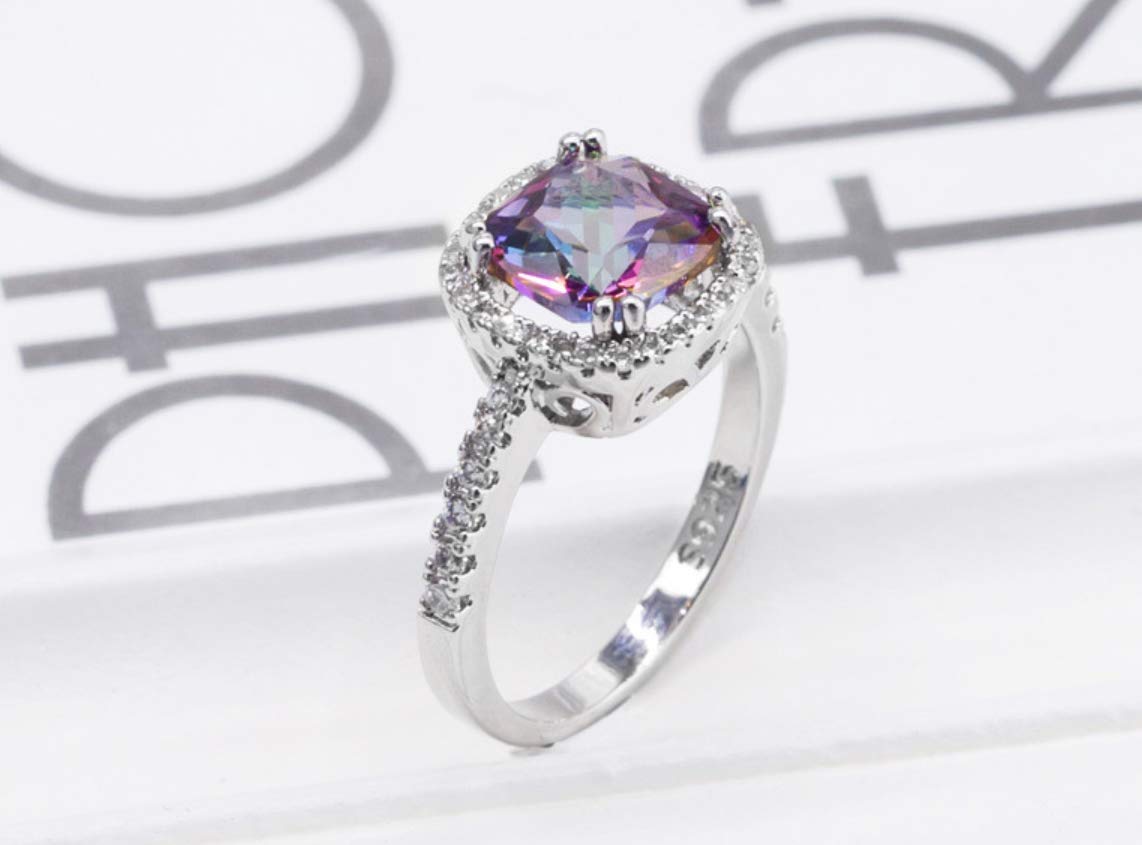 KOICCVQQ Women Cocktail Wedding Jewelry 18K White Gold Mystic Topaz Fire Rainbow Rings Engagement Ring Solitaire Engagement Ring Size 6-10 (US 6)