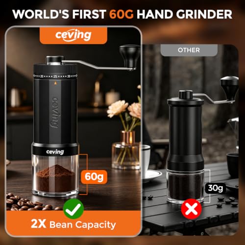 Image of CEVING World's First 60g Large Capacity Manual Coffee Grinder, Black | 40 External Settings, Portable Hand Coffee Bean Mill with Stainless Steel Conical Burr for Travel, Camping, Pour Over & Gift