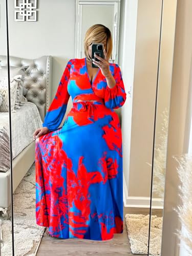 Image of Plus Size Women's 2 Piece Outfits Casual Long Sleeve Wrap Crop Top Maxi Long Dress Flowy Matching Sets