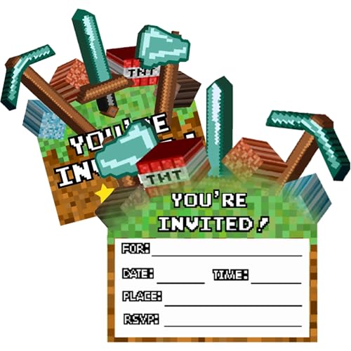 Pixel Birthday Party Invitations Video Game Party Invitations - 20 sets of 5.7 x 6 inch double-sided fill-in invitations with envelopes and stickers