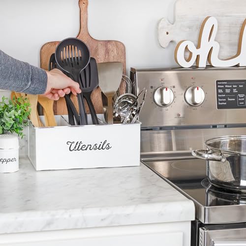 AuldHome-Design-Large-Enamelware-Utensil-Holder-White-Farmhouse-Cooking-Caddy-or-SpoonsForksKnives-Storage-for-Countertop-and-Table AuldHome Design Large Enamelware Utensil Holder White Farmhouse Cooking Caddy or SpoonsForksKnives Storage for Countertop and Table