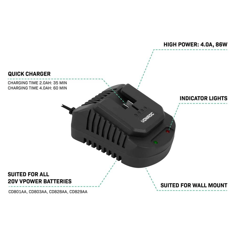 VONROC VPower 20V Kit de arranque - Batería de iones de litio de 4,0 Ah + cargador doble rápido | Compatible con múltiples herramientas | Ideal para bricolaje intensivo y proyectos de larga duración