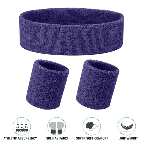 Image of Yolev 3Pieces Sweatband Set, Sports Headband and Wristbands, Set of 1 Headband and 2 Wristbands, for Athletic Men and Women, Black and Neon Green, One Size(Purple)