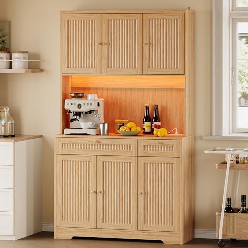 Image of BORNOON Pantry Cabinet with Charging Station and Light, Tall Kitchen Pantry Storage Cabinet with Microwave Stand, Wide Fluted Kitchen Hutch with Storage Drawers and Adjustable Shelves for Dining Room
