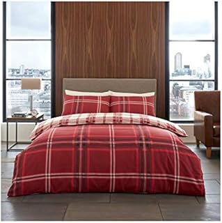 Lions Checked Bedding Set - Bardsley Check King Size Duvet Cover with Pillowcase, Poly Cotton Reversible Quilt Covers, 3 Piece Soft Bed Set, Machine Washable, Button Closure, Red