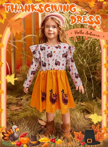 Toddler Girls Cartoon Print Dress - Kids Casual Ruffle Long Sleeve Clothes Turkey Pumpkin Ghost Fall Winter Outfits4