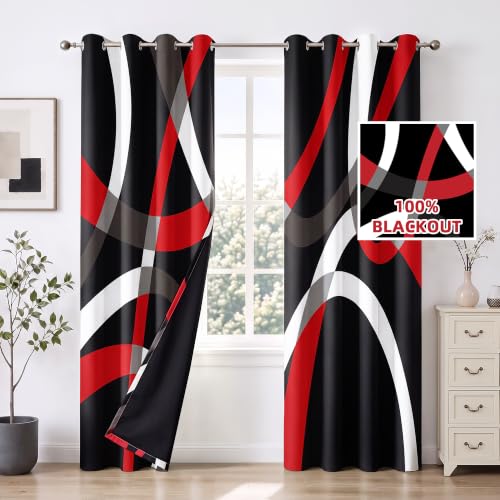 Image of weesire Black and Red Blackout Curtains, 52 x 84 Inch, Grommet, 2 Panels
