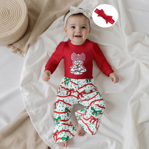 My First Christmas Baby Girl Outfit Newborn Puff Long Sleeve Ribbed Knit Romper Flare Pants Headband 3Pcs Set2