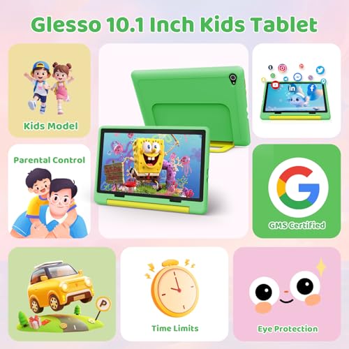Image of Gleeso Android 16 Kids Tablet, 24GB RAM 64GB ROM Tablet for Kids Toddler Children, 6000mAh Battery, Parental Control, Kids Mode, GMS Certified, 10 Inch Kids Tablet with Case, Dual Camera, Gift, Green