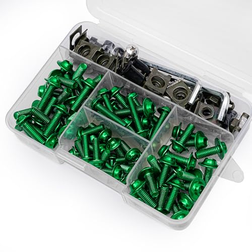 Image of Green Motorcycle Fairing Bolt Kit 177Pcs, M5 M6 Stainless Steel | Storage Box, Chrome Finished, Windscreen Screws Fastener Clips Universal Fit for Suzuki Kawasaki Honda Yamaha BMW Ducati GSXR