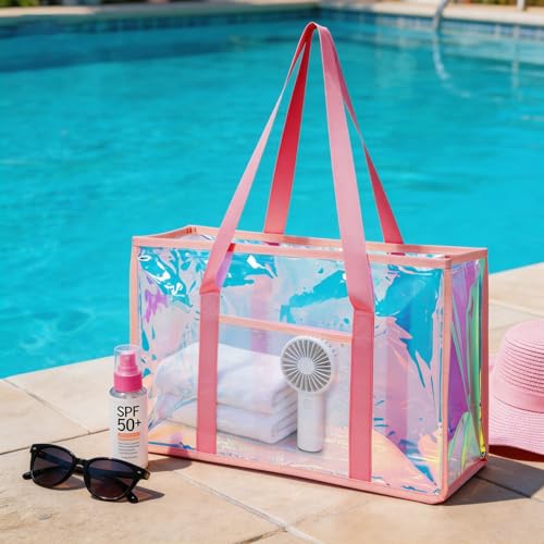 Image of Pink Iridescent Waterproof Beach Travel Bag for Women Large Waterproof Sandproof Women's Beach Tote Pool Bag Zipper Pool Swim Tote Bag for Travel and Spring summer Vacation