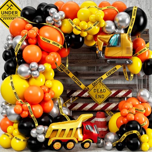 ALL-IN-1 Construction Balloon Arch Kit with BONUS Caution Tape & Truck Balloons - Construction Balloons for Excavator Birthday Decorations - Construction Birthday Party Supplies & Decorations