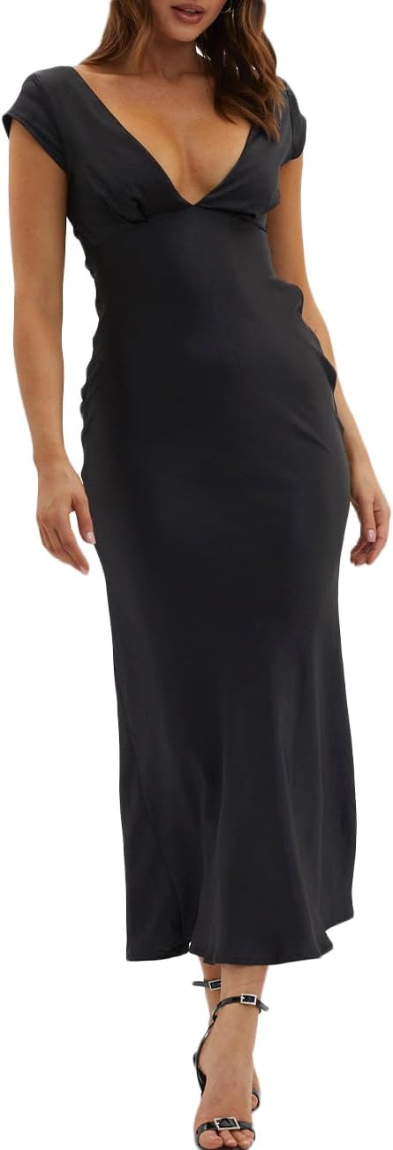 Halfisland Womens Summer Satin V Neck Cap Sleeve Backless Maxi Dress Elegant Twist Cut Out Midi Dresses Wedding Guest