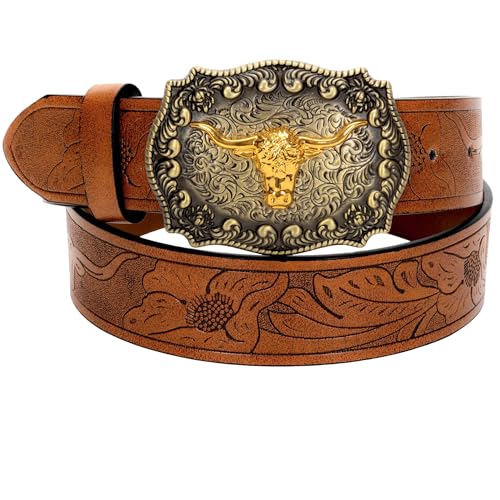 Image of UTOWO Rodeo Western-Longhorn-Bull Cowboy-Belt for Women-Men Bull-Floral-Embossed PU-Leather Cowgirl Waist Belt for Jeans