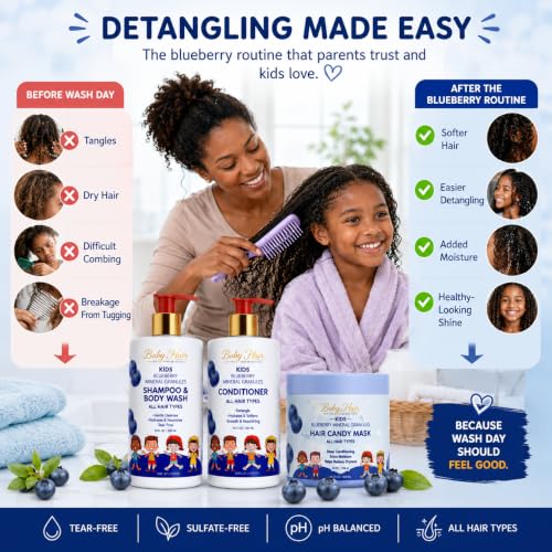 Image of BABY HAIR - Blueberry Mineral Toddler Shampoo /Body Wash, Conditioner, and Hair Mask Set, Sulfate-Free Shampoo and Conditioner with Strawberry & Blueberry Oil, Detangling Shampoo for Kids, 10 fl.oz.