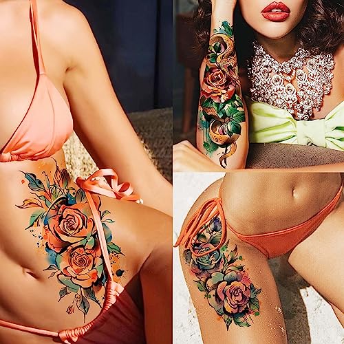 EGMBGM 63 Sheets 3D Watercolor Rose Temporary Tattoos For Women Arm Girls Adults, Water Color Peony Flower Tattoo Sticker, Bulk Temp Fake Long Lasting Tattoo Colorful Floral Moon Snake Lion Wolf Tiger