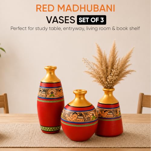 Image of Aakriti Art Creations Vase Earthen Red Madhubani Set of 3 | Hand-Painted Terracotta Flower Vases | Matte Finish Decorative Vases for Living Room, Table Decor & Gifting