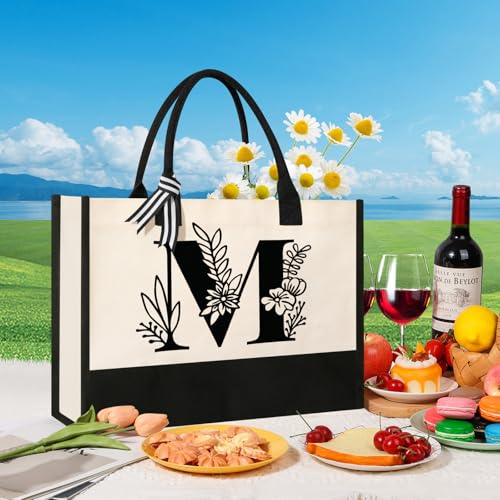 Image of Personalized Initial Canvas Tote Bag, Suitable for Birthday, Wedding, Beach, Holiday, Gifts for Women, Mom, Teachers, Nurses, Best Friends, Bridesmaids (M)