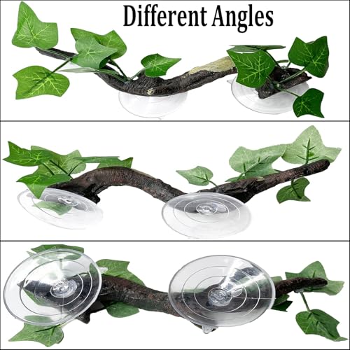 Image of PINVNBY Reptile Corner Branch Resin Climb Tree Branch Decor with Leaves Terrarium Plant Decoration with Suction Cup Gecko Plant Ornament for Amphibian Lizard Snake Climbing (1 Pcs)