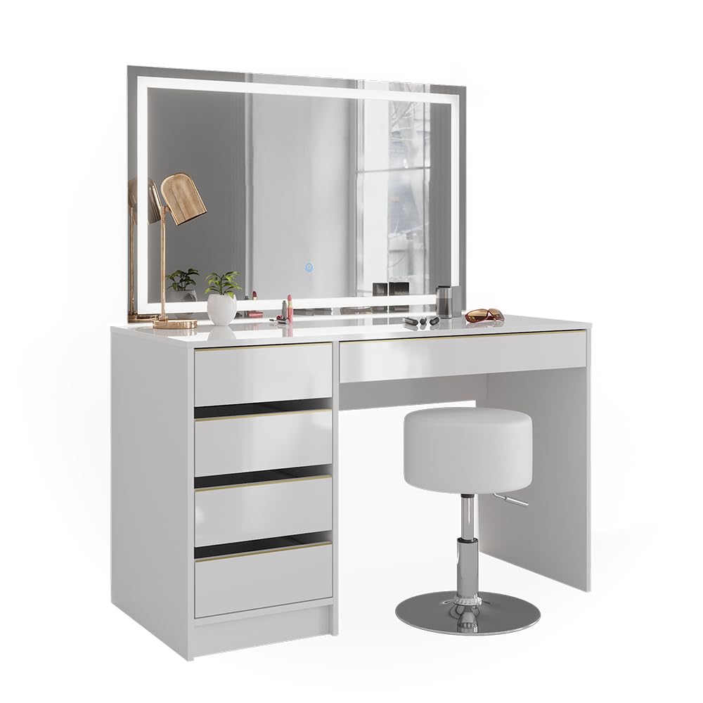 Vicco Tavolino da toilette Sherry, Bianco/Oro, 120 cm | con specchio LED e sgabello, con illuminazione LED e sgabello imbottito