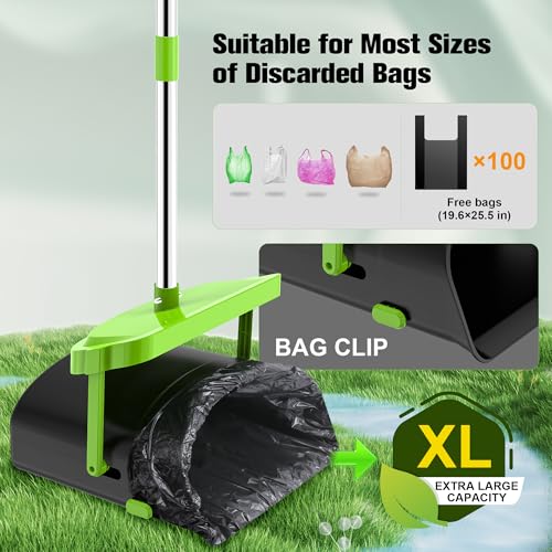 UPSKY Pooper Scooper Swivel Bin & Rake with 100 Waste Bags, Stainless Steel Long Handle Pooper Scooper for Large Medium Small Dogs, Metal Dog Poop Scooper with Hook for Easy Yard Cleanup