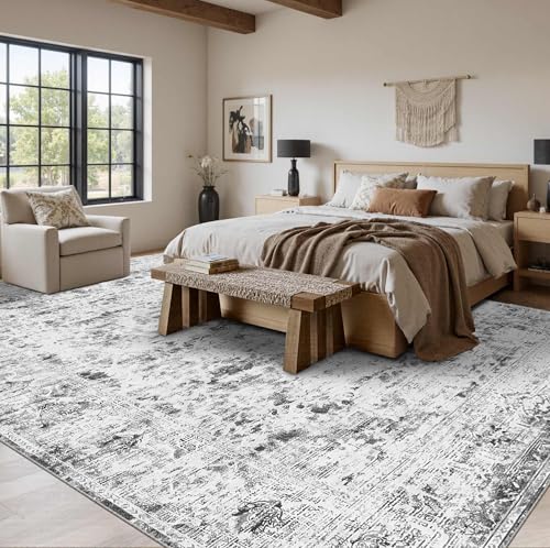 OHWPEAT 8x10 Large Area Rugs for Living Room, Vintage Grey Rugs for Bedroom,Washable Boho Indoor Soft Non Slip Carpet for Dining Room, Low Pile Rugs for Office,Farmhouse — view 3