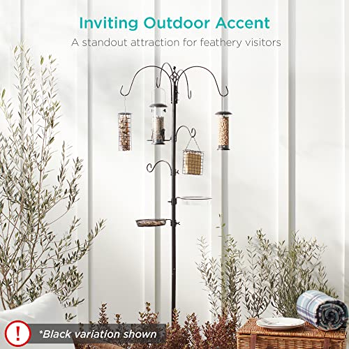 Image of Best Choice Products 6-Hook Bird Feeding Station, Steel Multi-Feeder Kit Stand for Attracting Wild Birds w / 4 Bird Feeders, Mesh Tray, Bird Bath, 5-Prong Base - Bronze