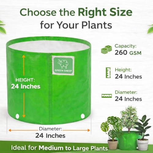 Image of GREENSHEEP HDPE Grow Bag Heavy Duty 260 GSM Round Plants Flower Growing Bags Floor Standing Mount Type for Home Garden Balcony Terrace Kitchen Nursery (Green, 24x24 inch, Pack of 6)