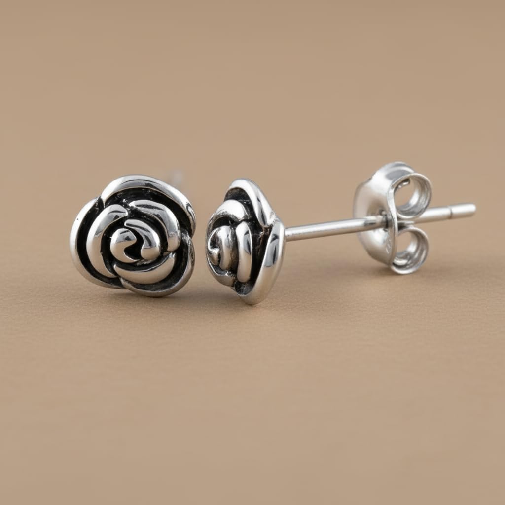Sterling Silver Rose Flower Stud Earrings - 7mm