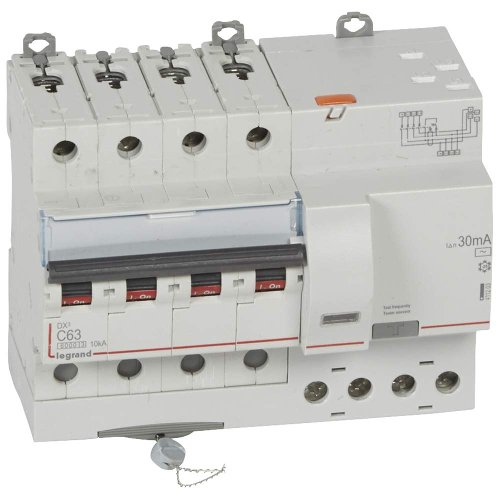 Legrand 411203 Interruttore differenziale monoblocco DX³6000 10kA arrivo alta vite partenza automatica 4P, 400V, 63A typeAC, 30mA