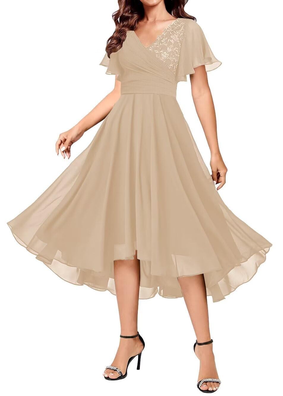 YIANN Champagne Tea Length Mother of The Bride Dresses with Sleeves for Women Lace Applique Chiffon Party Formal Dress UK14