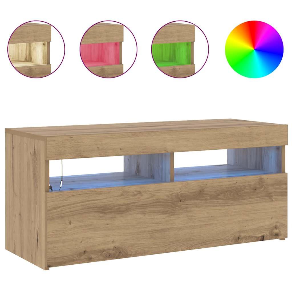Szafka pod TV z oświetleniem LED RGB, dąb artisan, 90x35x40 cm, meble RTV z szufladą i półkami, nowoczesna komoda do salonu z regulacją kolorów, solidna i pojemna