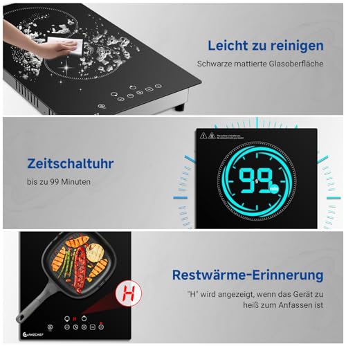 AMZCHEF Glaskeramikkochfeld 2 Platten, 3200W Kochfeld 2 Platten mit 9 Leistungsstufen, 2-in-1 Freistehend-/Einbau-Design, Touch-Steuerung, Mattierte Glasoberfläche, Kompatibel mit Allen Kochgeschirren